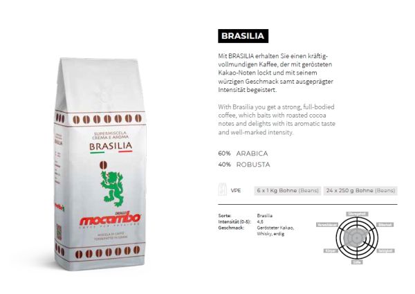 6x Caffe Brasilia Silber ganze Bohnen 1 Kg/Mocambo