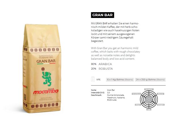 6x Caffe Gran Bar Gold ganze Bohnen 1Kg | Mocambo